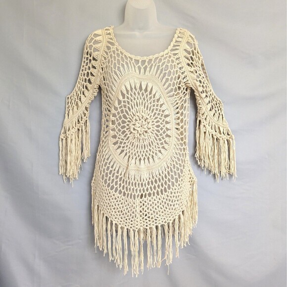 Odiva Crochet Swimsuit Cover Up Small Tassel Fringe Khaki Beach Tunic Top Boho - Picture 2 of 12